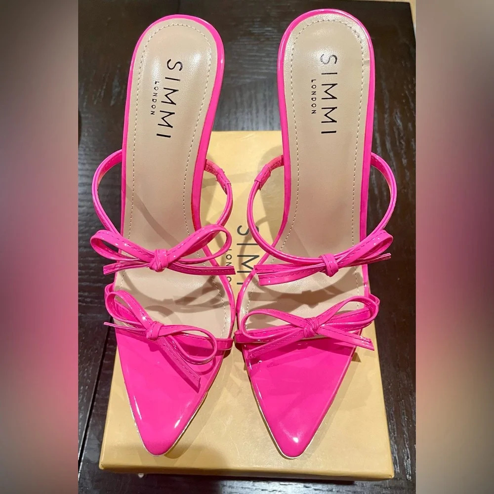 SIMMI High Heels Bowknot Neon Pink Patent Sandals Stiletto Mules Shoe Size 8. - Picture 3 of 8